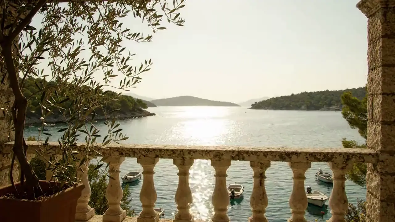 View from a stone terrace over a bay with small boats, past an olive branch