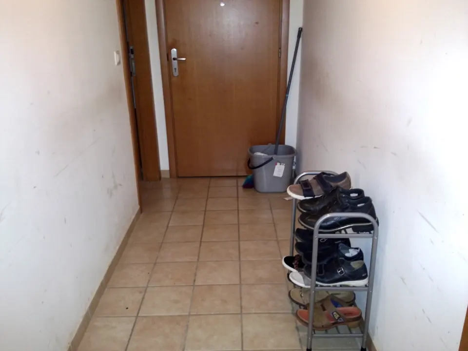 Listing before editing: hallway with a front door, a bucket and a shoe rack