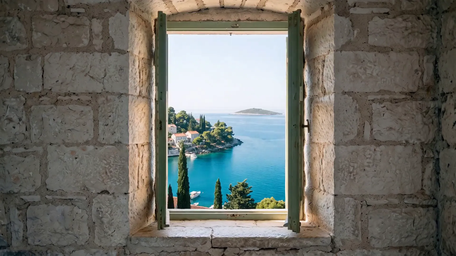 Open shutters on a stone window, with a bay and an island beyond