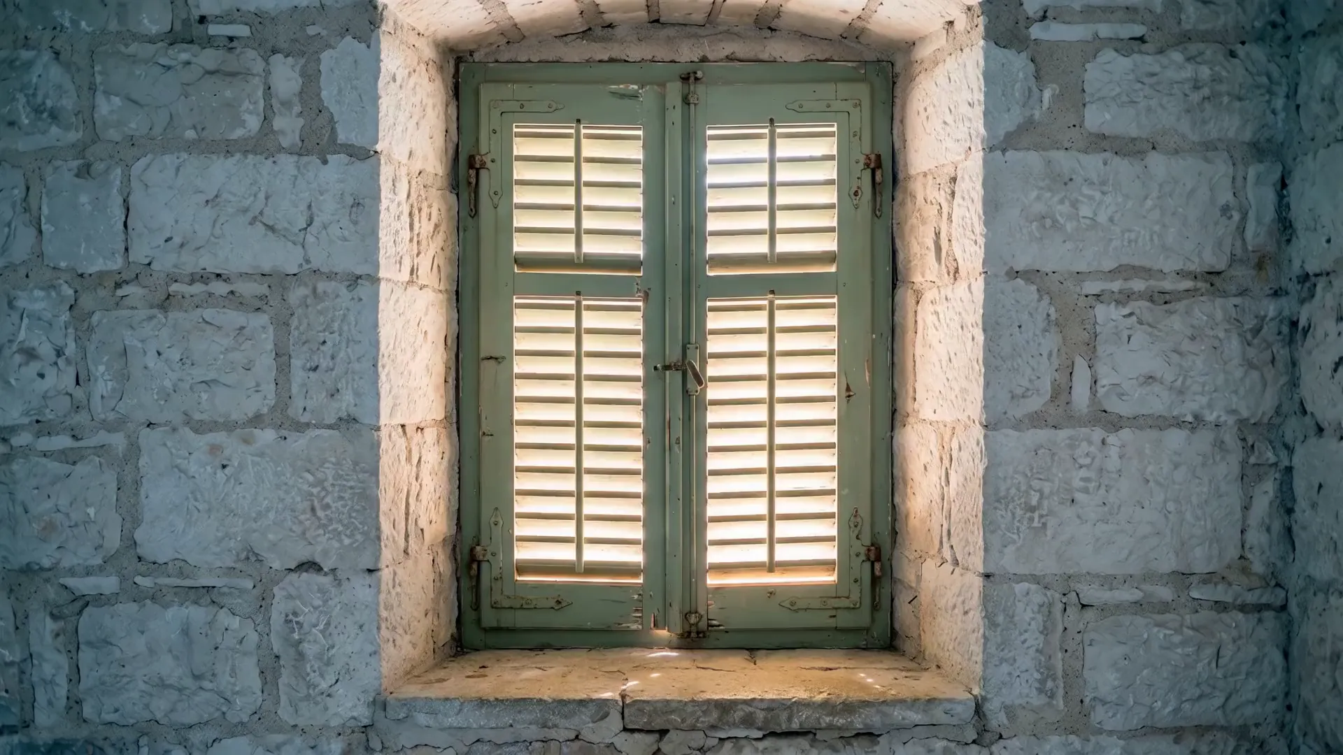 Closed green wooden shutters on a window in a stone wall
