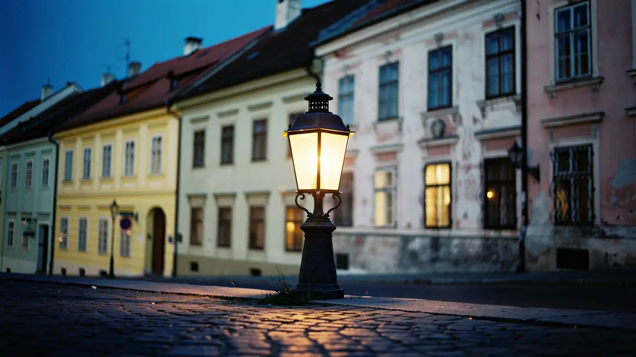 Zagreb at dusk: a lit street lamp on cobblestones in front of old houses