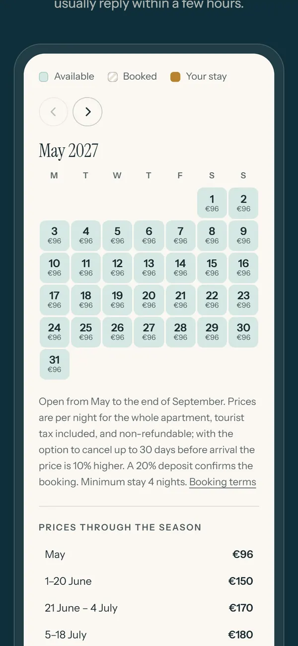 Availability calendar with the nightly price on the Apartman Sali site