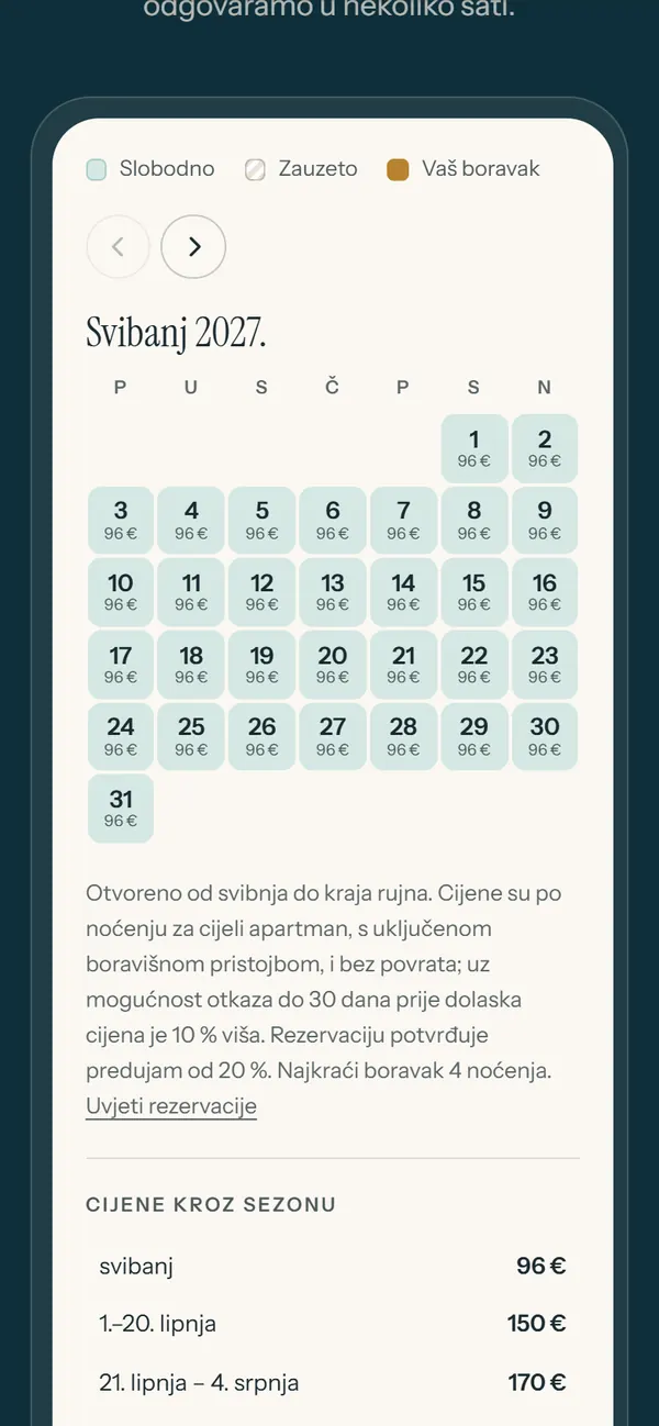 Kalendar slobodnih datuma s cijenom po noćenju na stranici Apartmana Sali