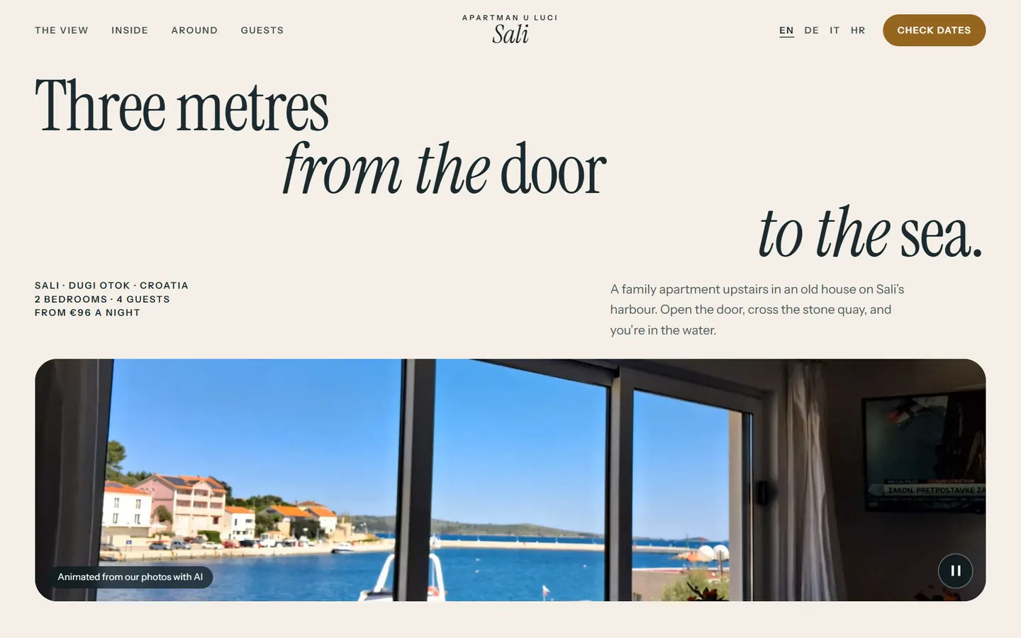 The Apartman Sali site on a computer, with four languages and a Check dates button