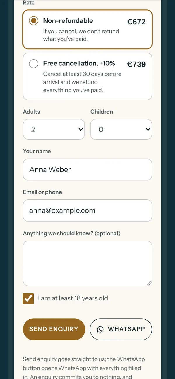 Enquiry form with the total price of the stay and Send enquiry and WhatsApp buttons