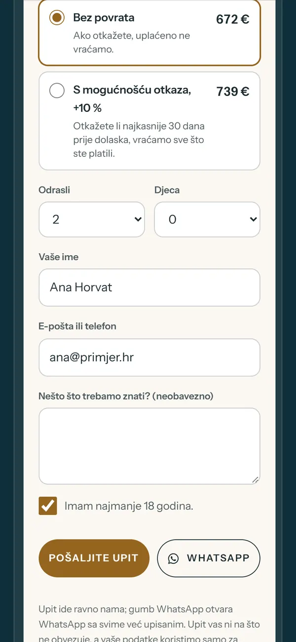 Obrazac za upit s ukupnom cijenom boravka i gumbima Pošaljite upit i WhatsApp