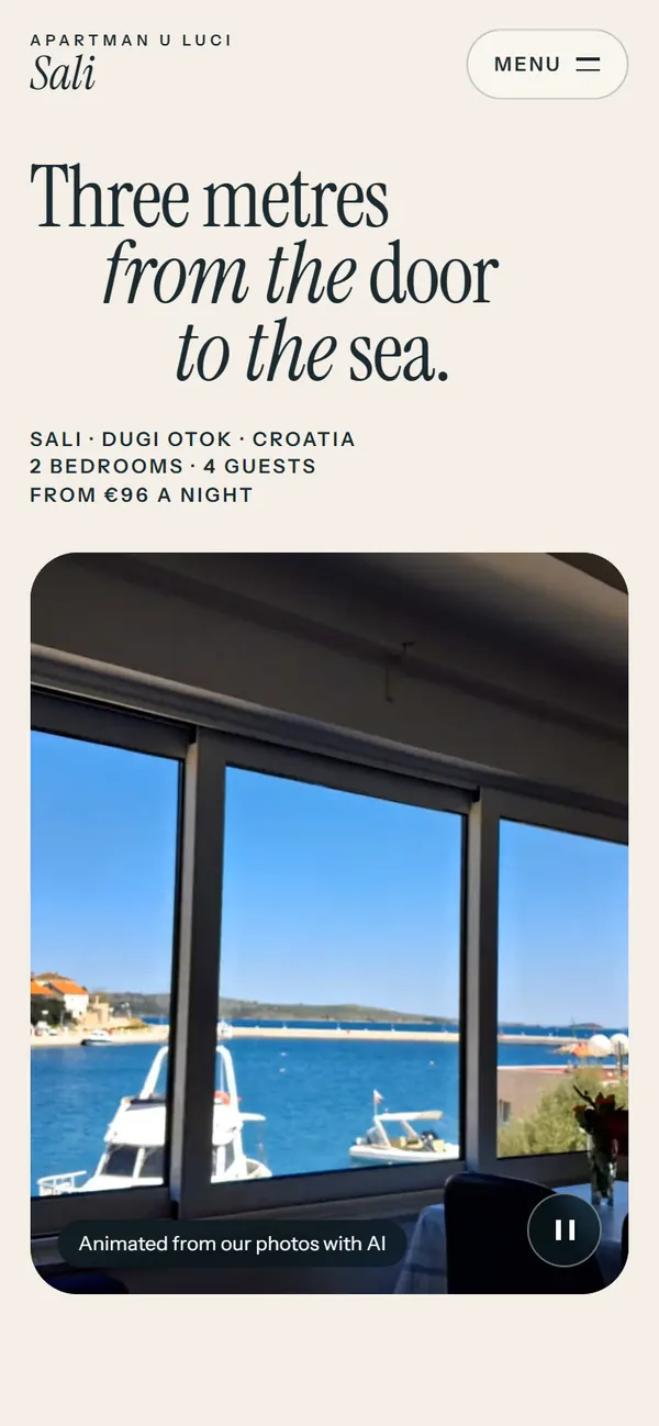 The Apartman Sali home page on a phone: headline, from €96 a night and the harbour view