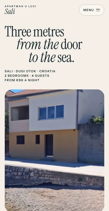 The Apartman u luci Sali home screen on a phone: “Three metres from the door to the sea”, the place, how many it sleeps and the price from €96 a night.