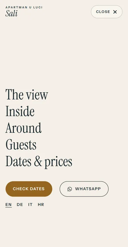 The Apartman u luci Sali menu with four languages: English, German, Italian and Croatian.