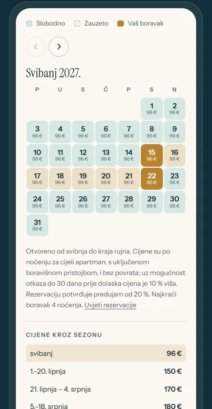 Kalendar na stranici Apartman u luci Sali: odabran boravak od 15. do 22. svibnja, uz cijenu noćenja na svakom danu.